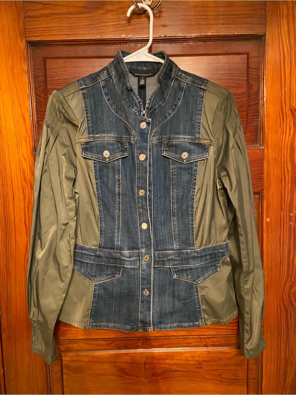 White House Black Market Two-Tone Denim and Olive Utility Jacket